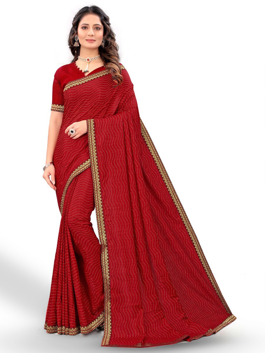 

ZEEPKART Printed Embroidered Border Saree, Maroon