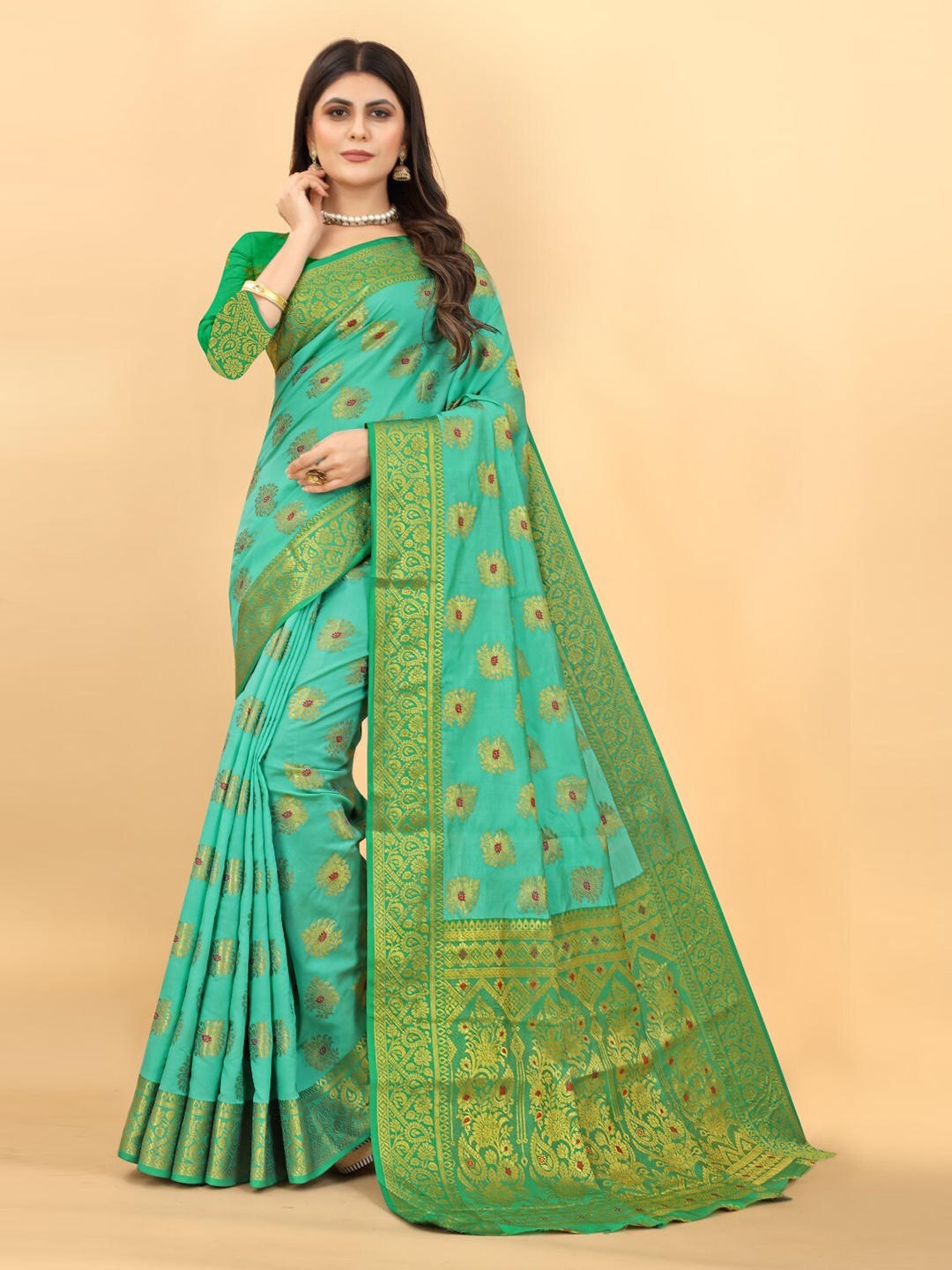 

ZEEPKART Ethnic Motifs Woven Design Zari Kanjeevaram Saree, Green