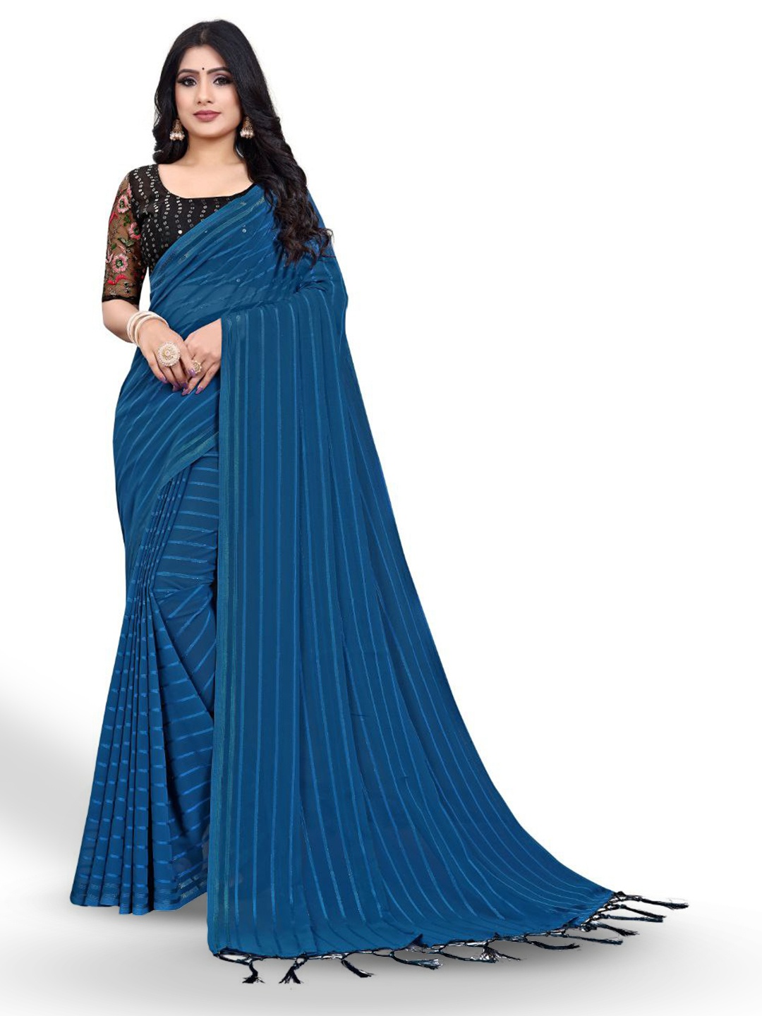 

ZEEPKART Sheer Striped Saree, Blue