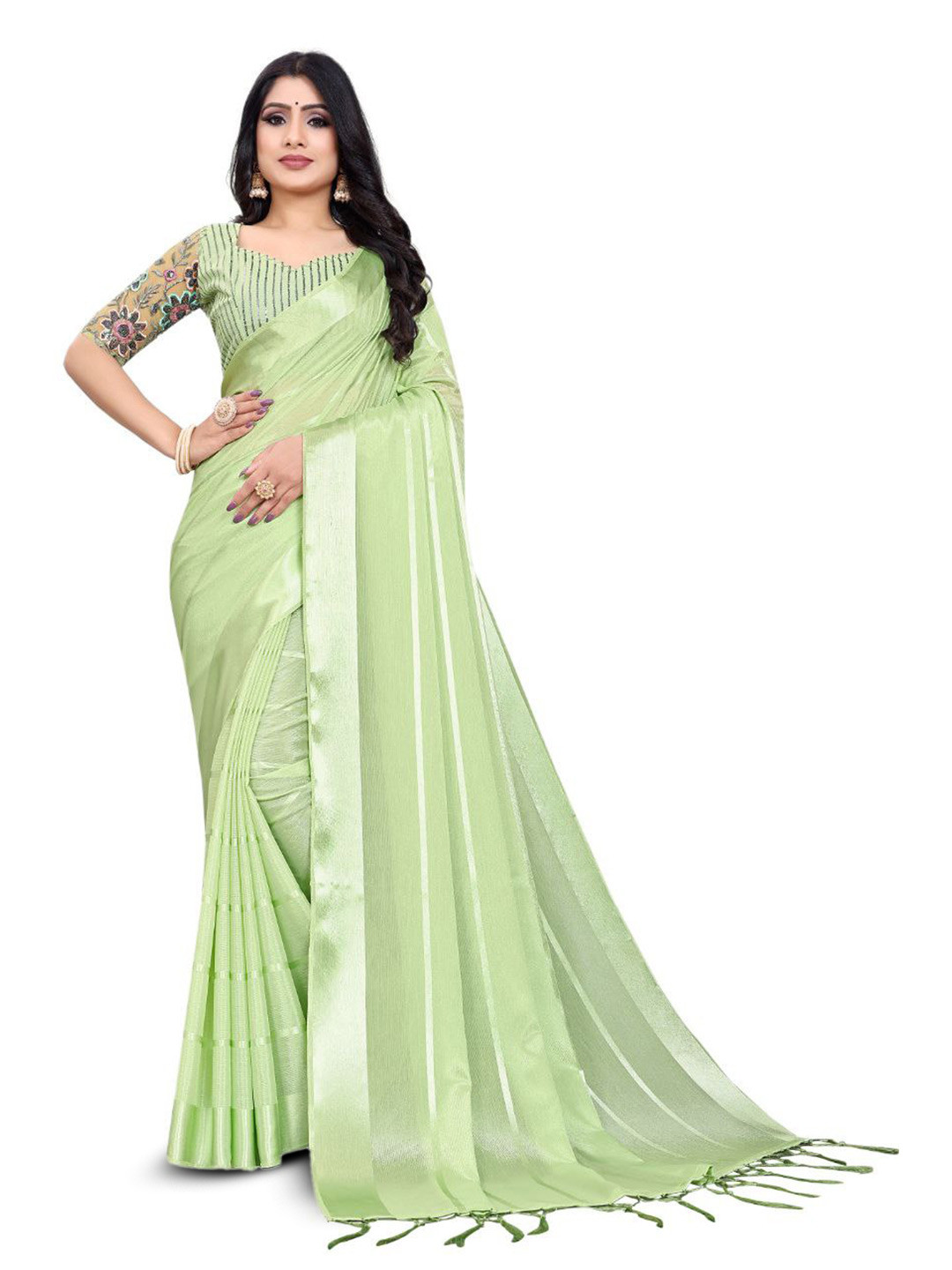 

ZEEPKART Striped Kanjeevaram Saree With Tassel, Green