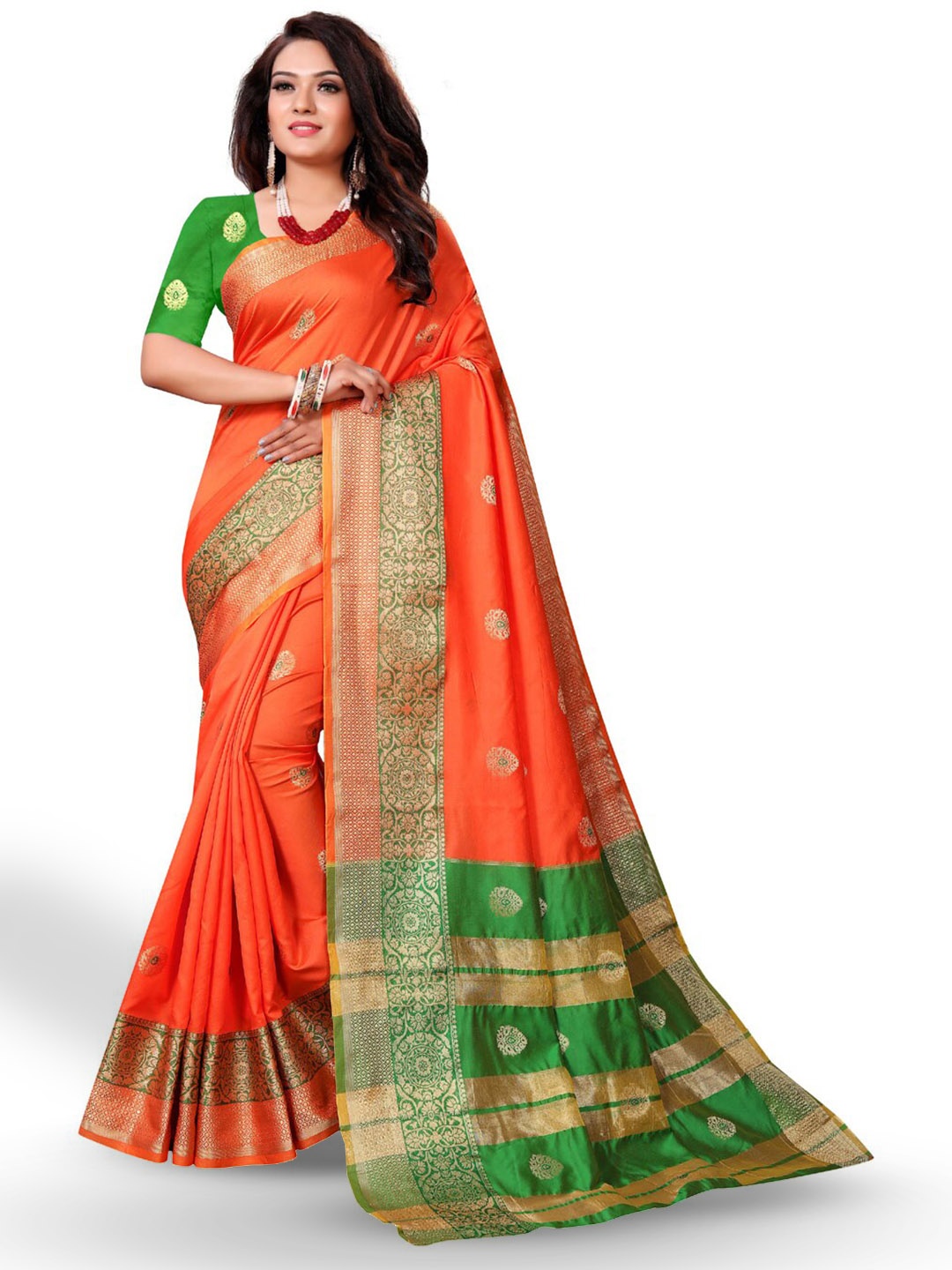 

ZEEPKART Ethnic Motifs Woven Design Zari Kanjeevaram Saree, Orange