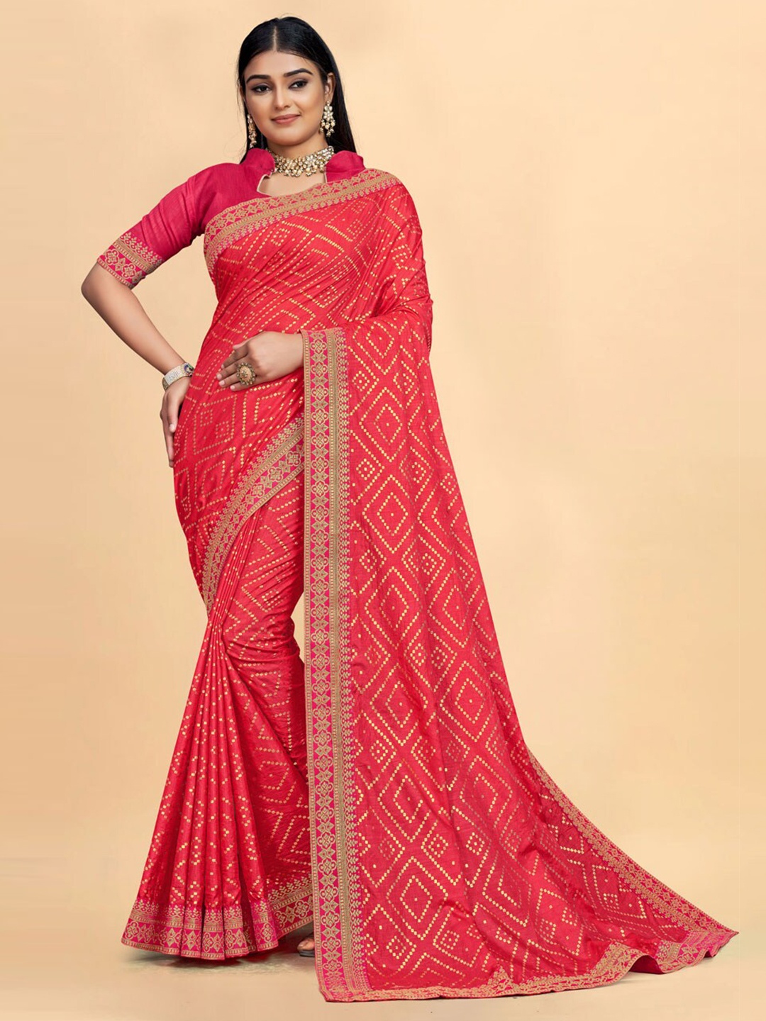 

ZEEPKART Geometric Printed Zari Saree, Pink