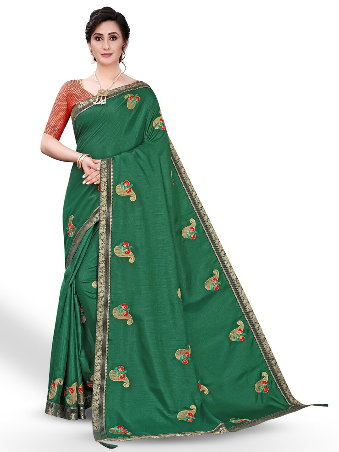

ZEEPKART Paisley Embroidered Woven Design Saree, Green