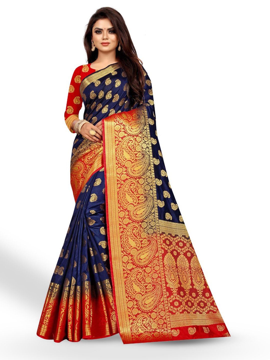 

ZEEPKART Ethnic Motifs Woven Design Zari Kanjeevaram Saree, Blue