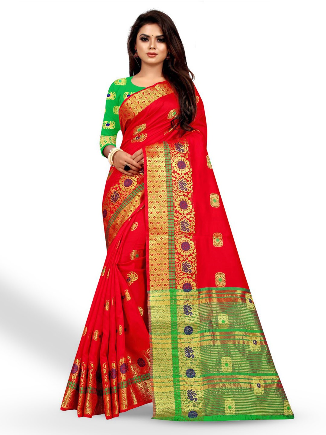 

ZEEPKART Ethnic Motifs Woven Design Zari Kanjeevaram Saree, Red
