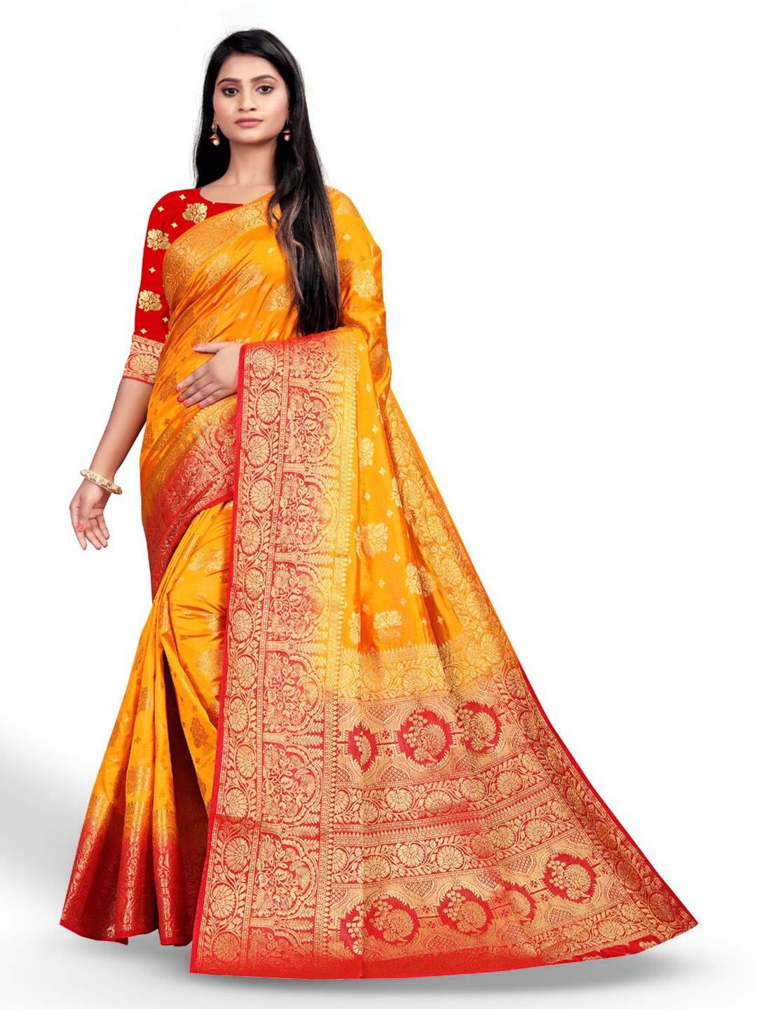 

ZEEPKART Ethnic Motifs Woven Design Zari Kanjeevaram Saree, Yellow