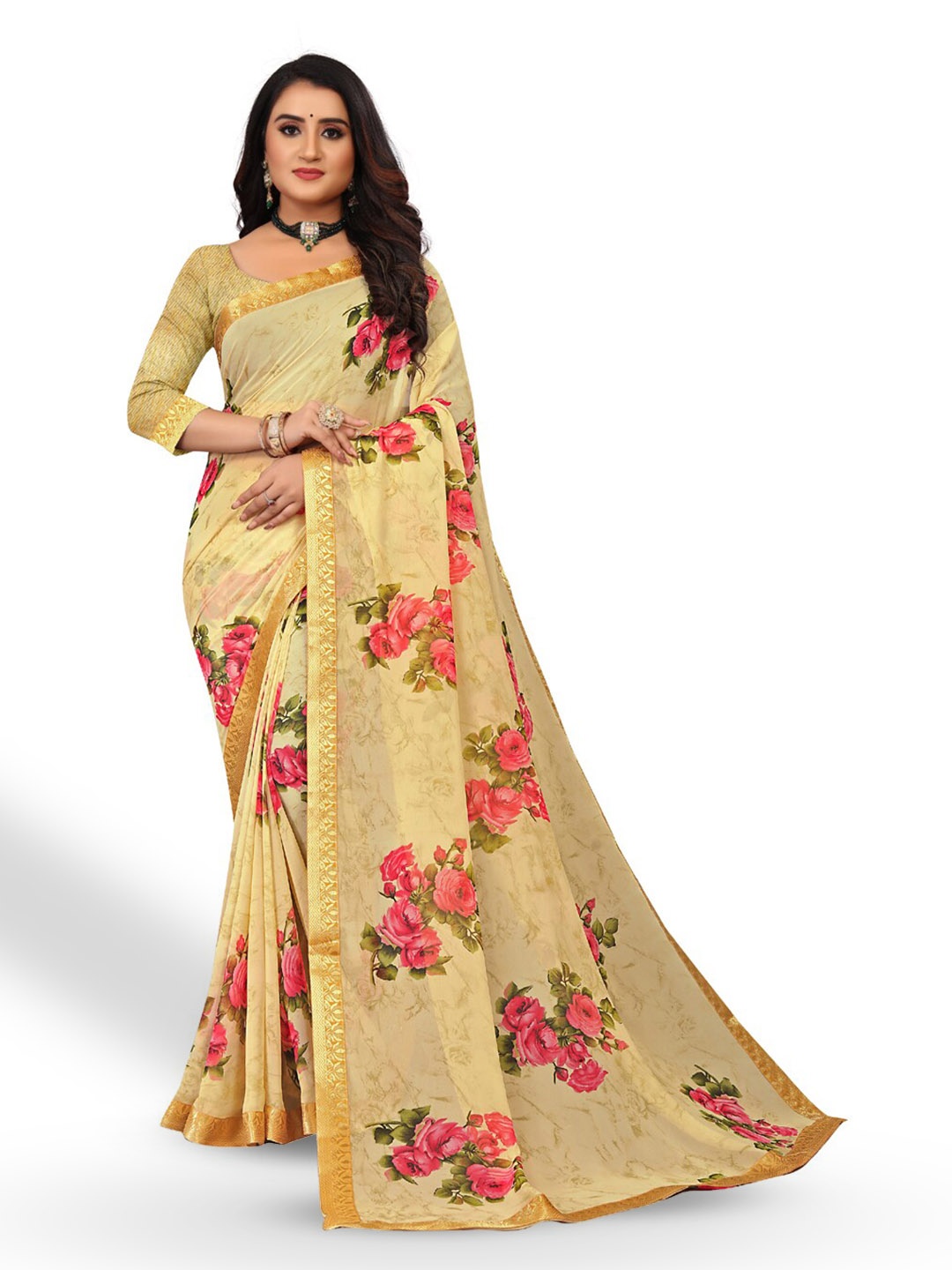 

ZEEPKART Floral Printed Saree, Cream