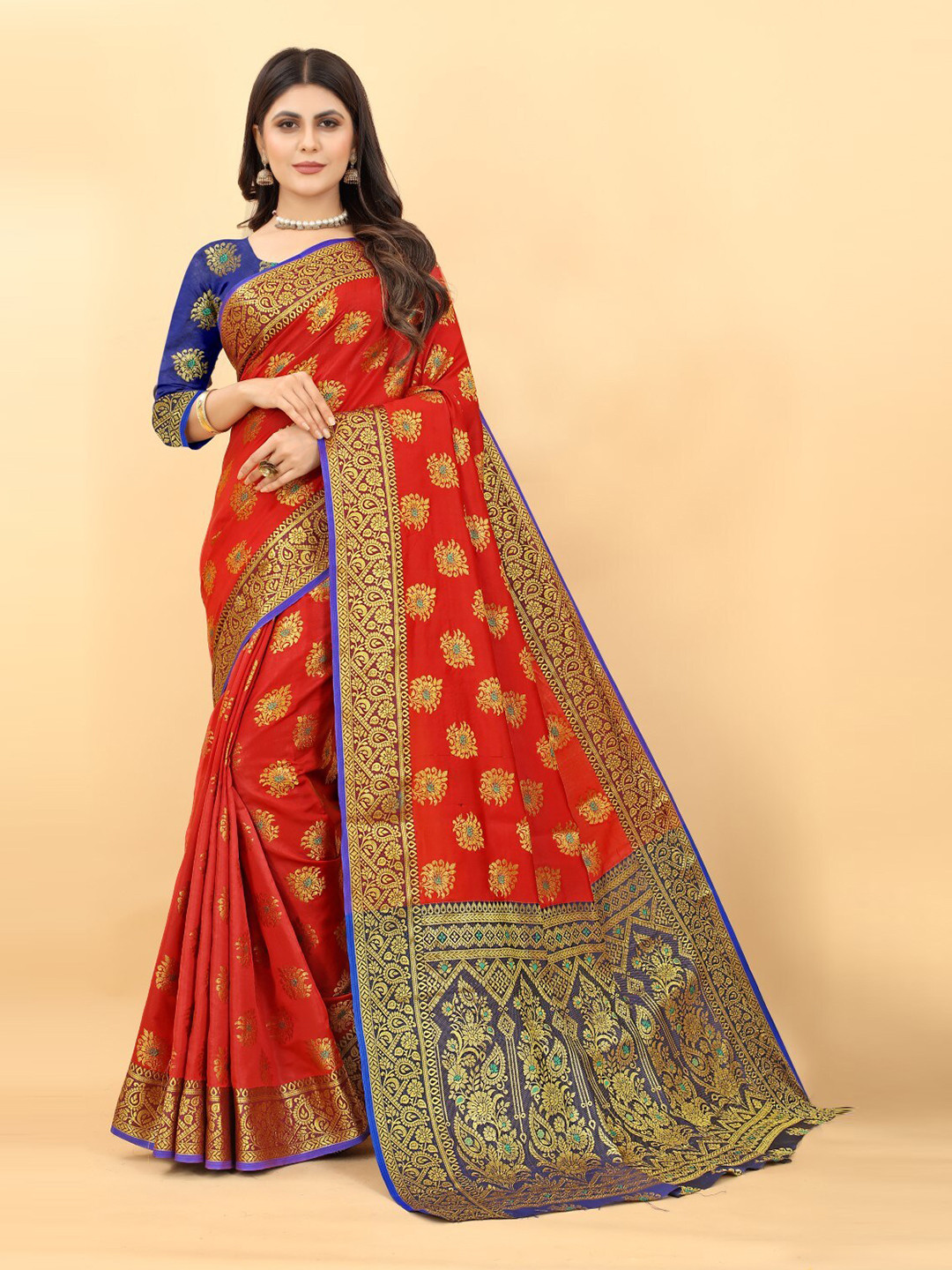 

ZEEPKART Floral Woven Design Zari Kanjeevaram Saree, Red
