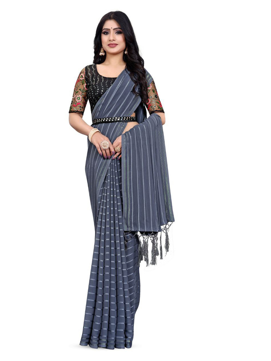 

ZEEPKART Grey Striped Saree
