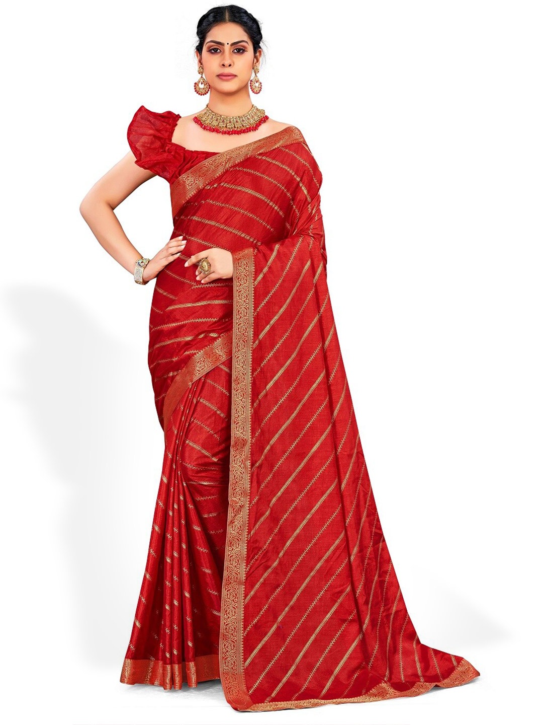 

ZEEPKART Leheriya Printed Zari Kanjeevaram Saree, Red