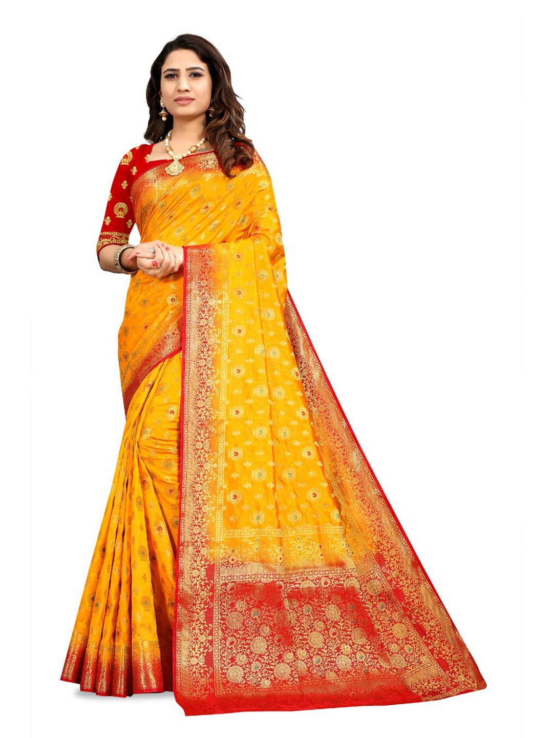 

ZEEPKART Woven Design Zari Kanjeevaram Saree, Yellow