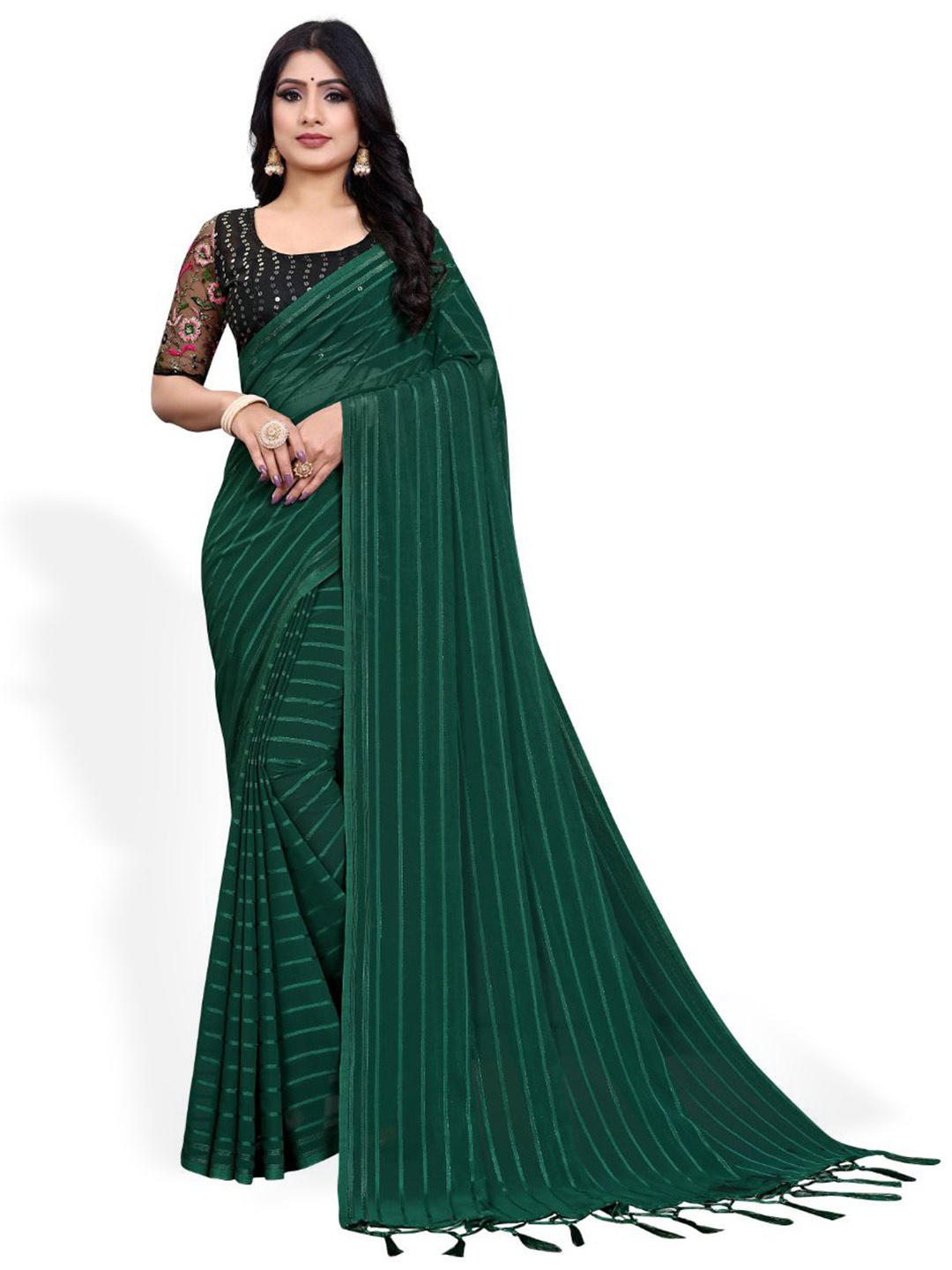 

ZEEPKART Striped Printed Tassels Saree, Green