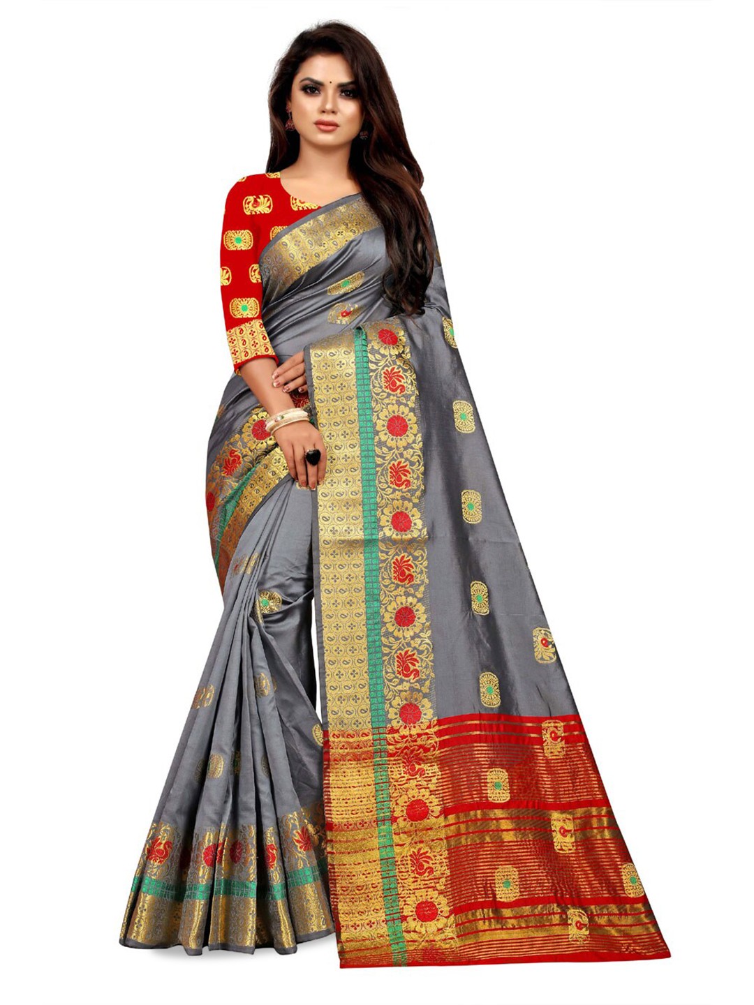 

ZEEPKART Ethnic Motifs Woven Design Zari Kanjeevaram Saree, Grey