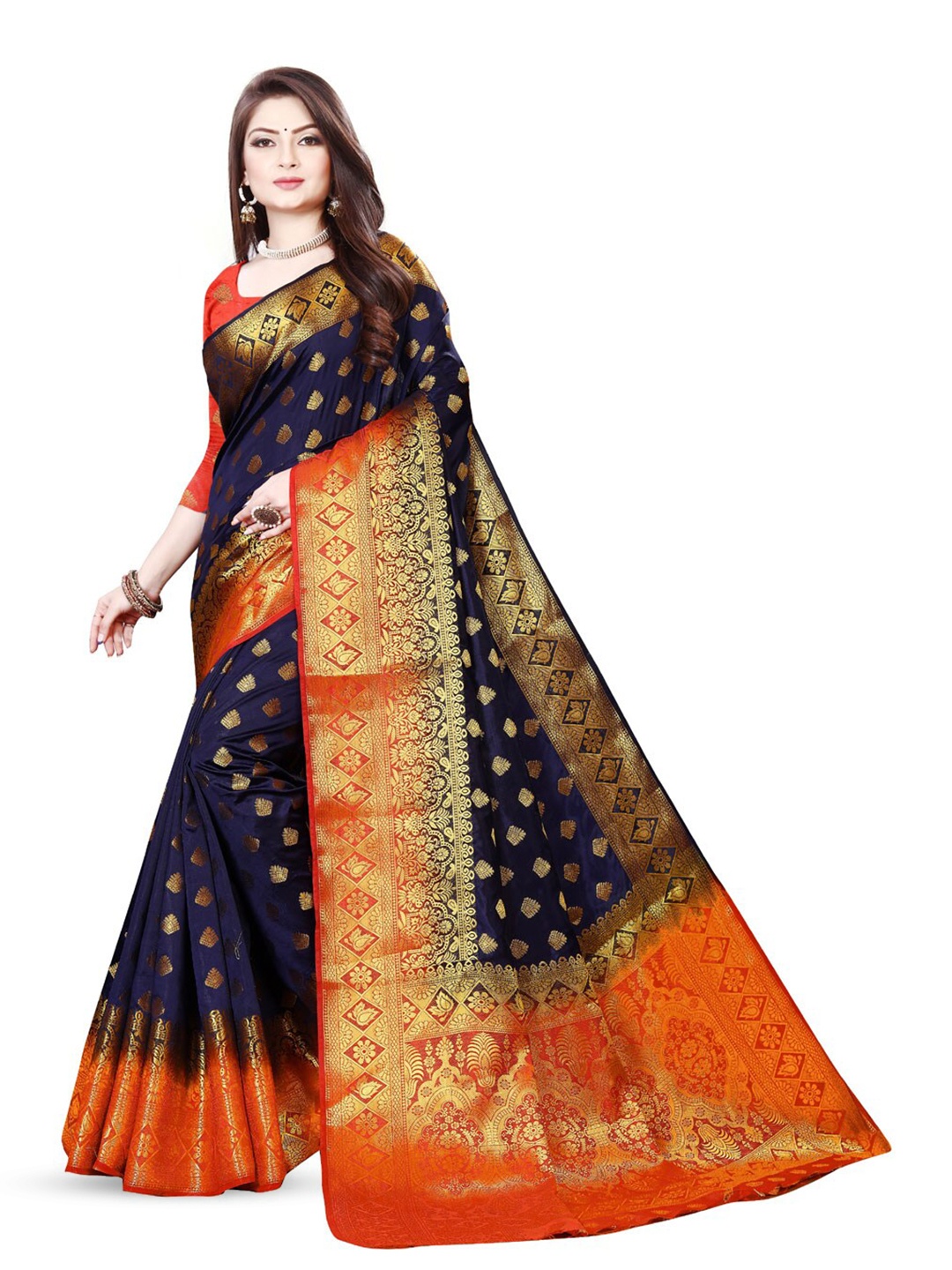 

ZEEPKART Ethnic Motifs Woven Design Zari Kanjeevaram Saree, Blue