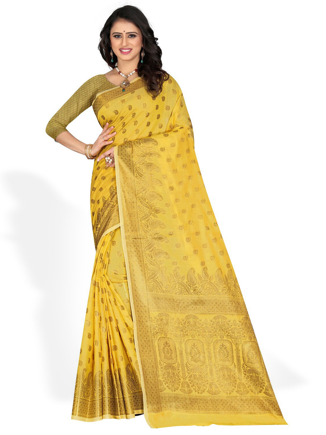 

ZEEPKART Woven Design Zari Kanjeevaram Saree, Yellow