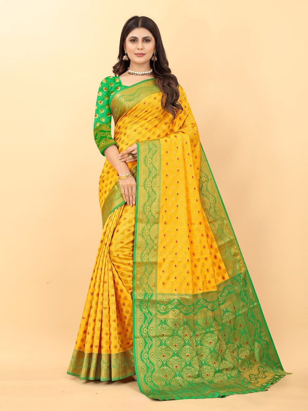 

ZEEPKART Floral Woven Design Zari Kanjeevaram Saree, Yellow