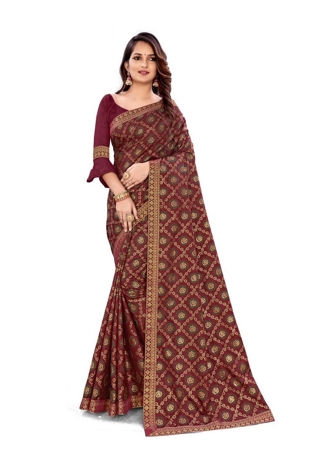 

ZEEPKART Ethnic Print Woven Design Zari Kanjeevaram Saree, Maroon