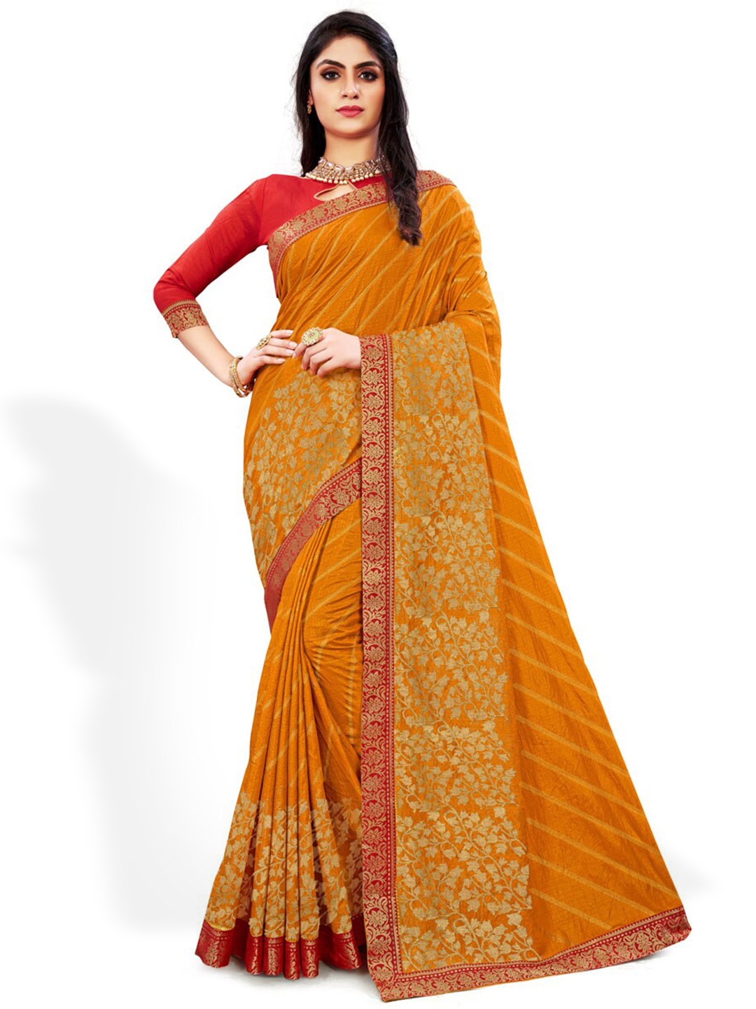 

ZEEPKART Floral Woven Design Zari Kanjeevaram Saree, Mustard