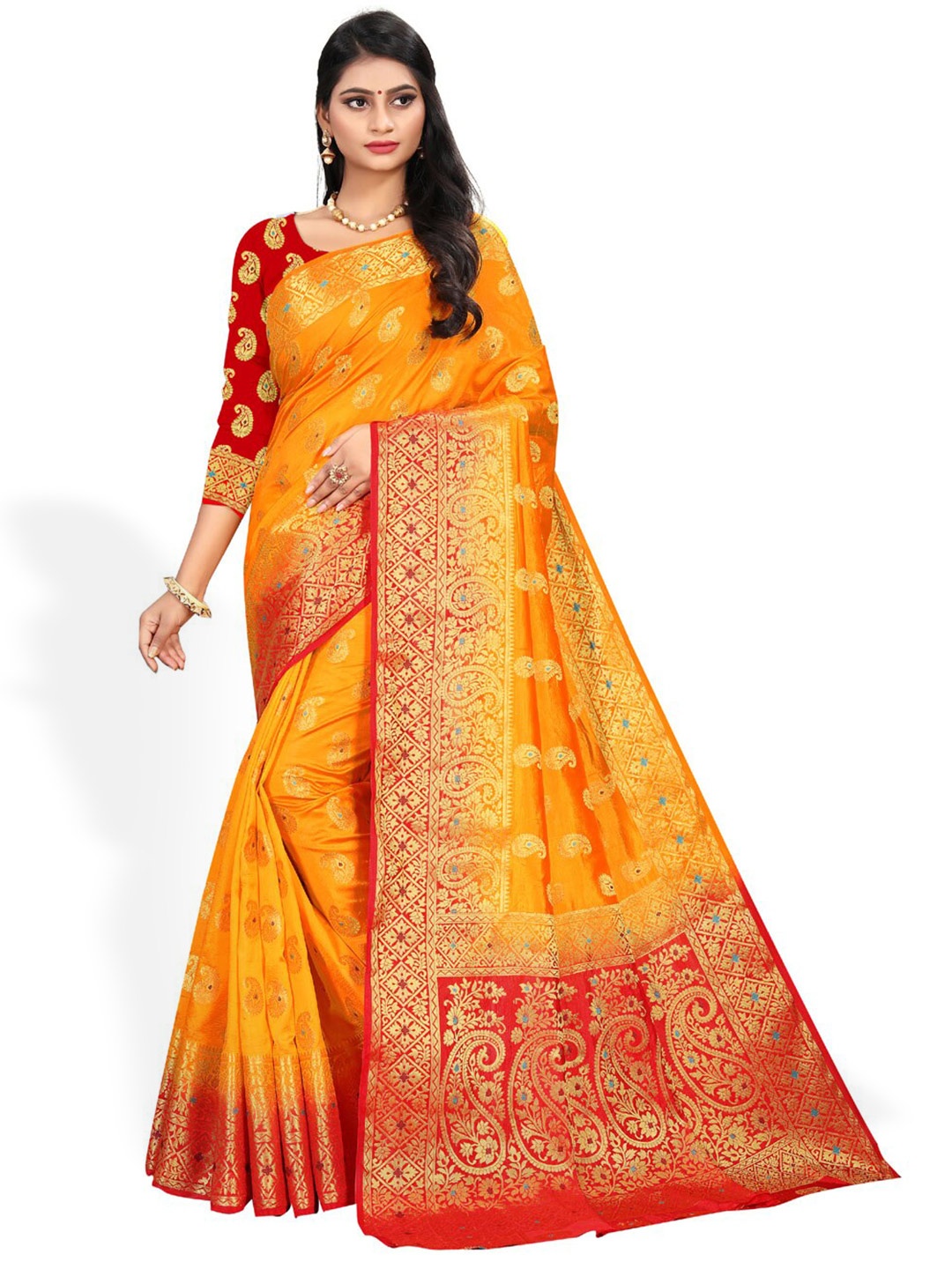 

ZEEPKART Woven Design Zari Kanjeevaram Saree, Orange