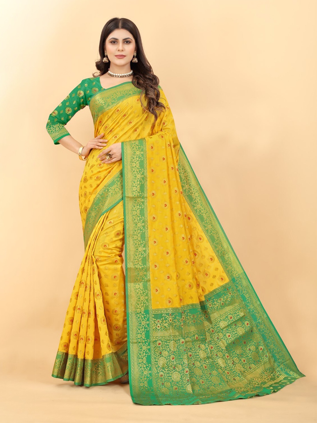 

ZEEPKART Ethnic Motifs Woven Design Zari Kanjeevaram Saree, Yellow
