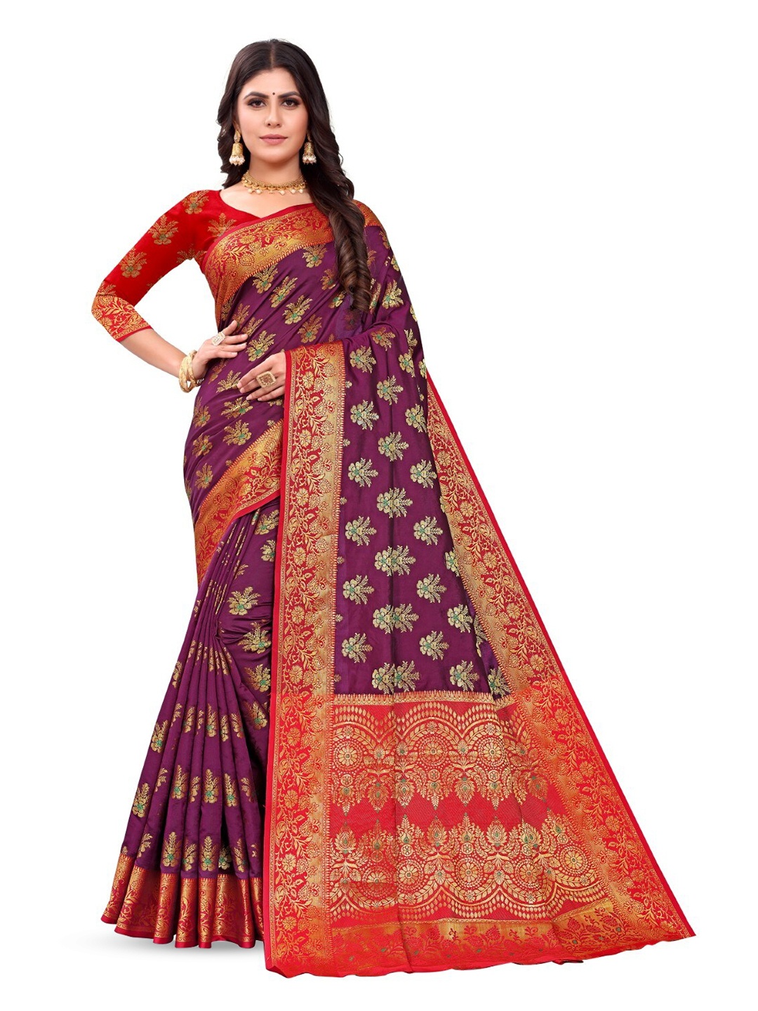 

ZEEPKART Ethnic Motifs Woven Design Zari Kanjeevaram Saree, Purple