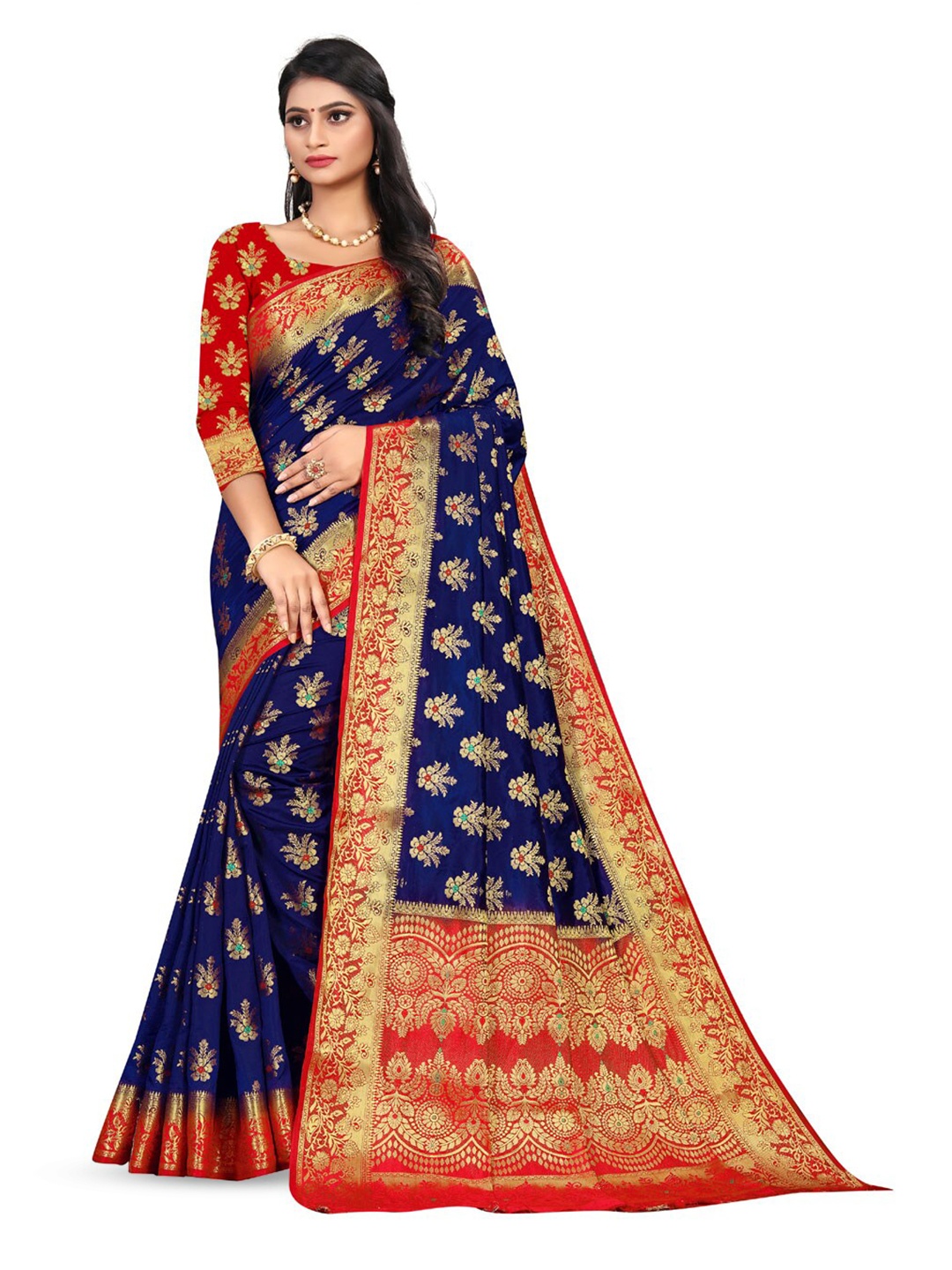 

ZEEPKART Ethnic Motifs Woven Design Zari Kanjeevaram Saree, Blue