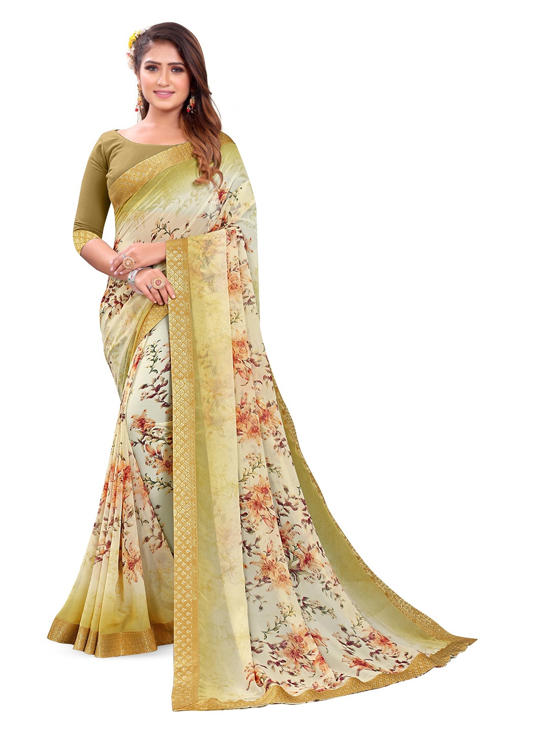 

ZEEPKART Woven Design Border Floral Saree, Cream