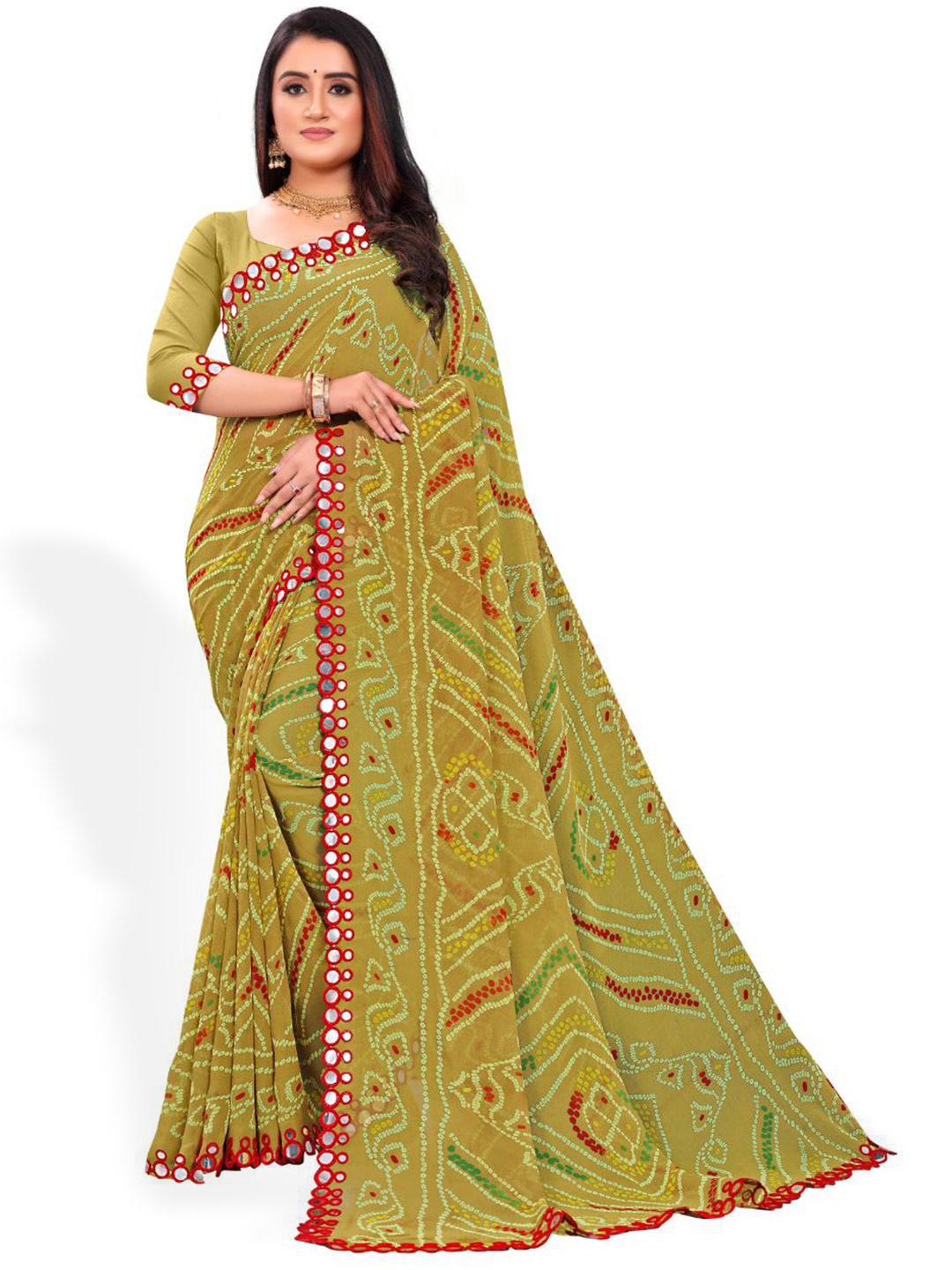 

ZEEPKART Bandhani Printed Mirror Work Kanjeevaram Saree, Green