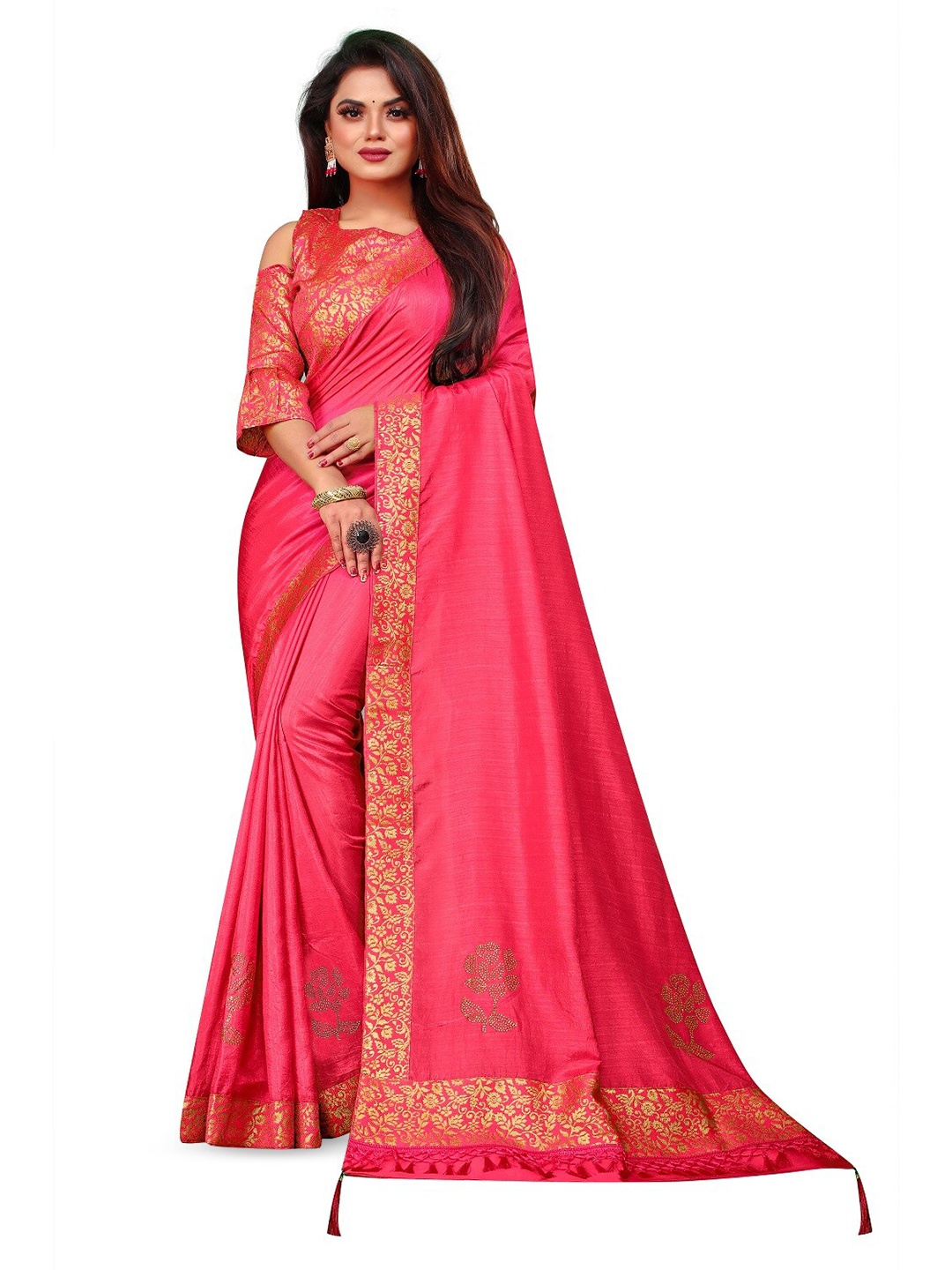 

ZEEPKART Woven Design Border Zari Kanjeevaram Saree, Pink