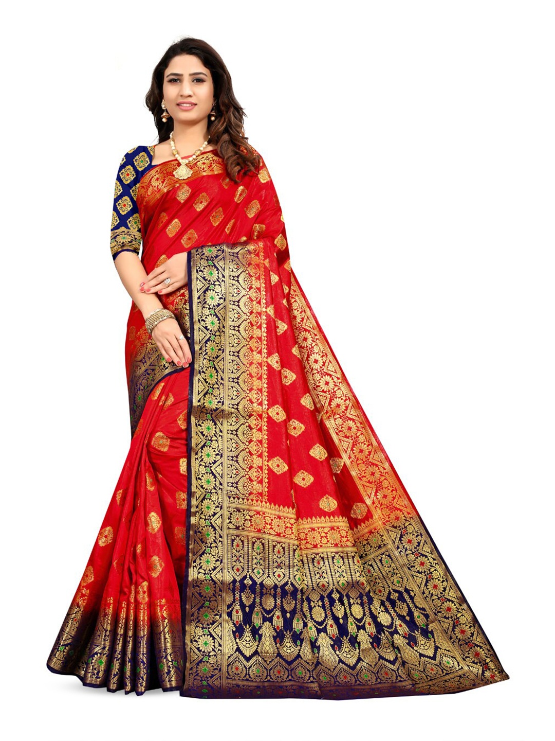 

ZEEPKART Ethnic Motifs Woven Design Zari Kanjeevaram Saree, Red