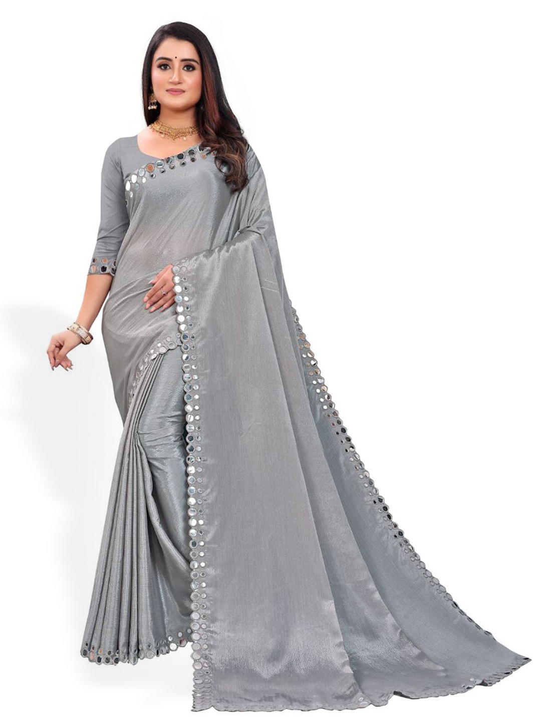 

ZEEPKART Mirror Work Embellished Saree, Grey
