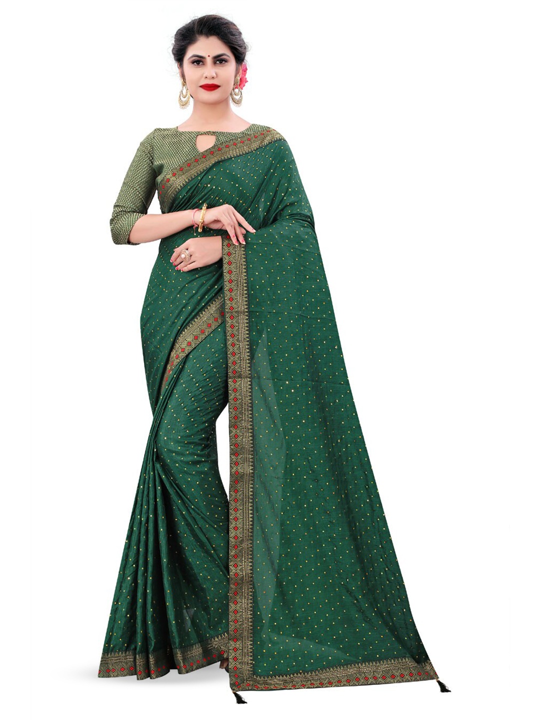 

ZEEPKART Embellished Stone Work Kanjeevaram Zari Saree With Tassel, Green