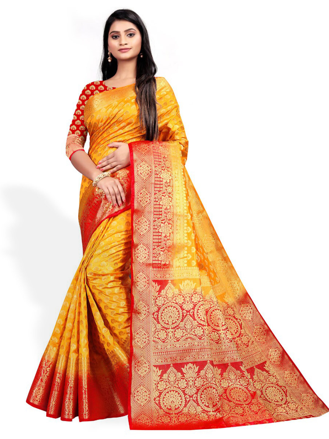 

ZEEPKART Ethnic Motifs Woven Design Zari Kanjeevaram Saree, Yellow