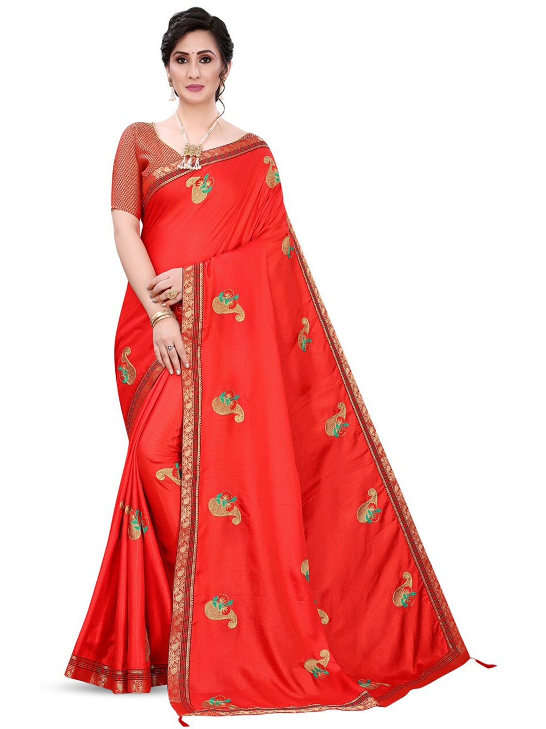 

ZEEPKART Paisley Embroidered Saree, Red