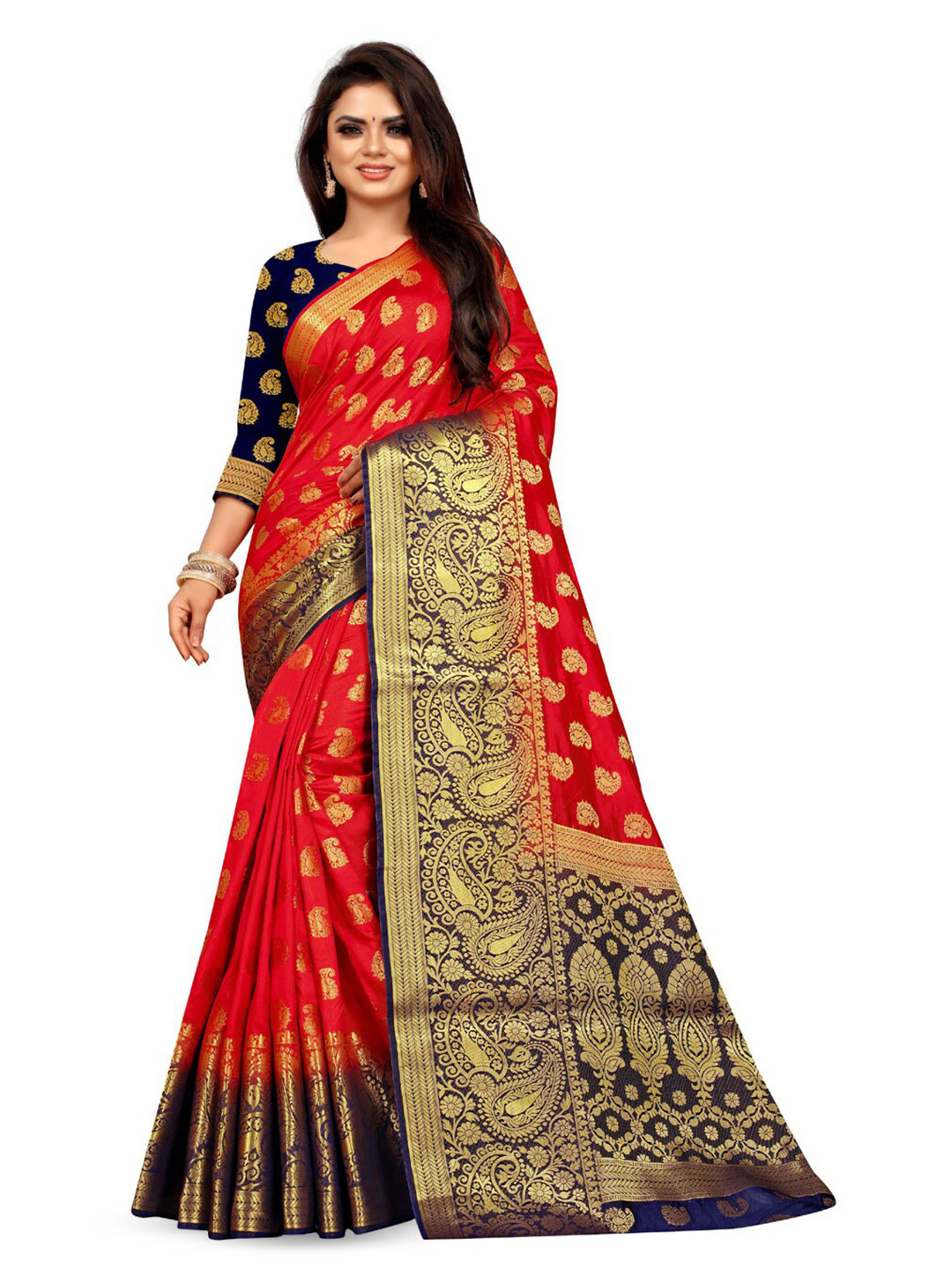 

ZEEPKART Ethnic Motif Woven Design Zari Kanjeevaram Saree, Red