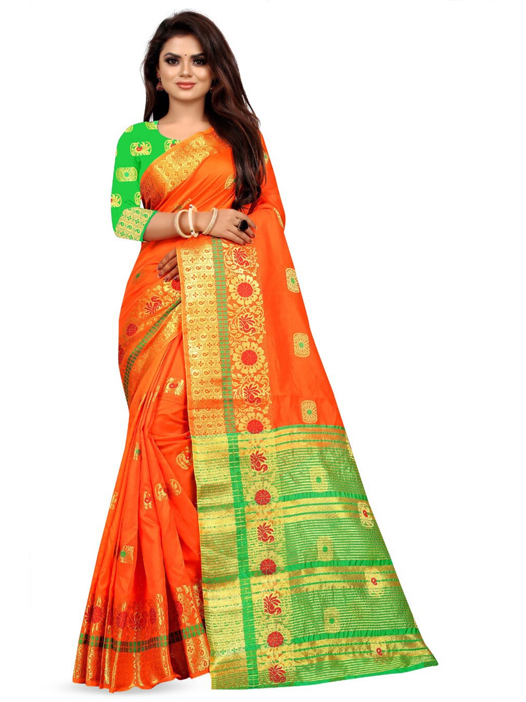 

ZEEPKART Floral Woven Design Zari Kanjeevaram Saree, Orange