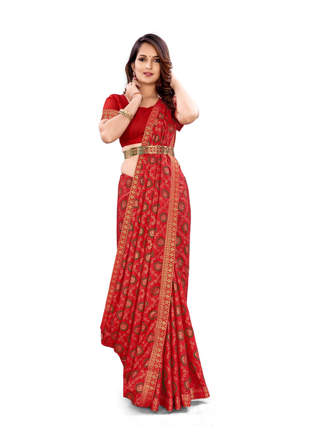 

ZEEPKART Bandhani Printed Poly Silk Kanjeevaram Saree, Red