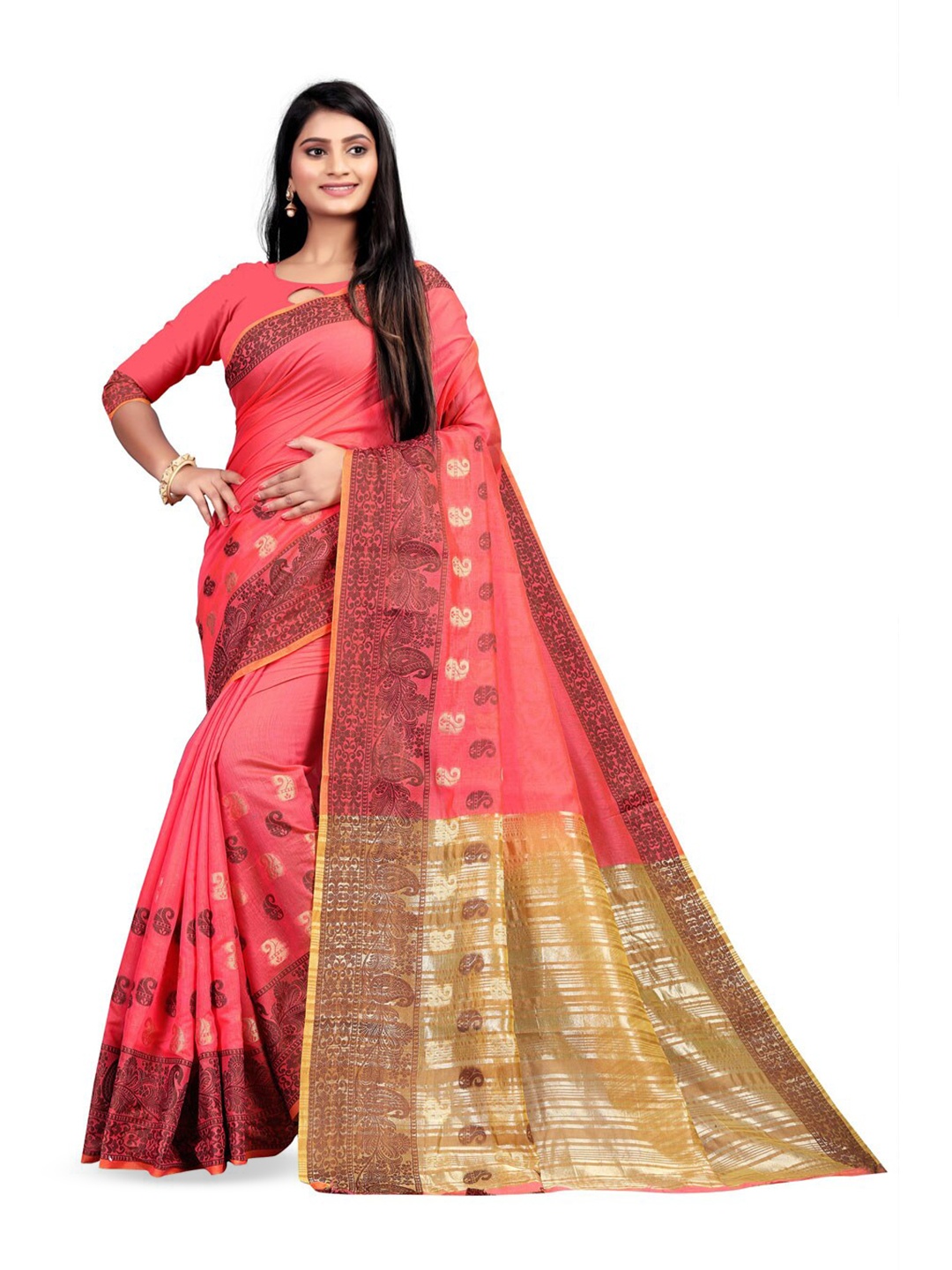 

ZEEPKART Paisley Woven Design Zari Kanjeevaram Saree, Pink