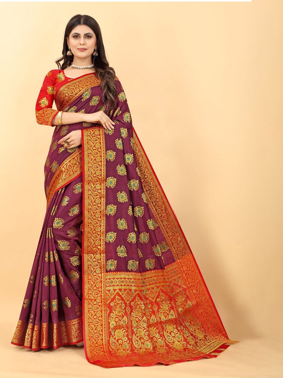 

ZEEPKART Ethnic Motifs Woven Design Zari Kanjeevaram Saree, Purple