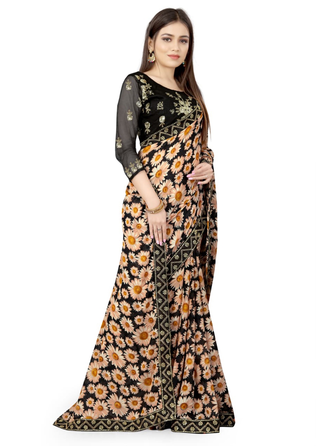 

ZEEPKART Floral Printed Embroidered Saree, Black