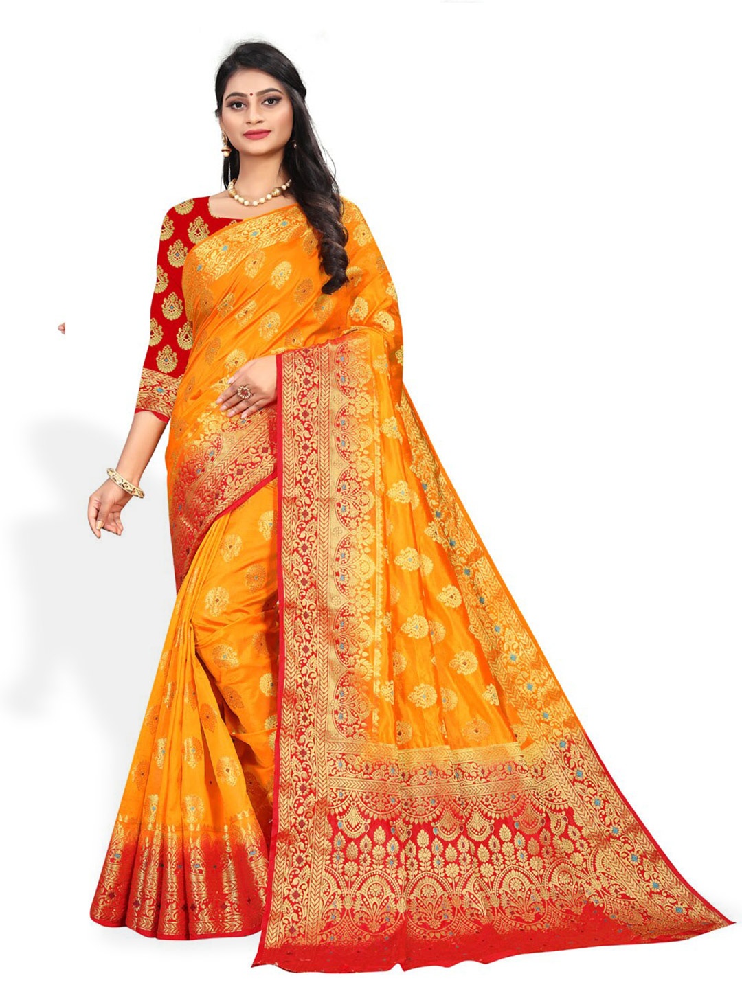 

ZEEPKART Ethnic Motifs Woven Design Zari Kanjeevaram Saree, Yellow