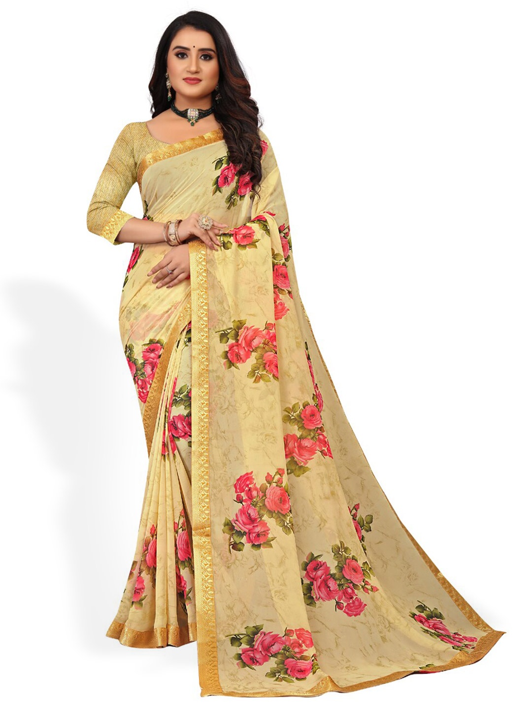 

ZEEPKART Floral Printed Saree, Cream