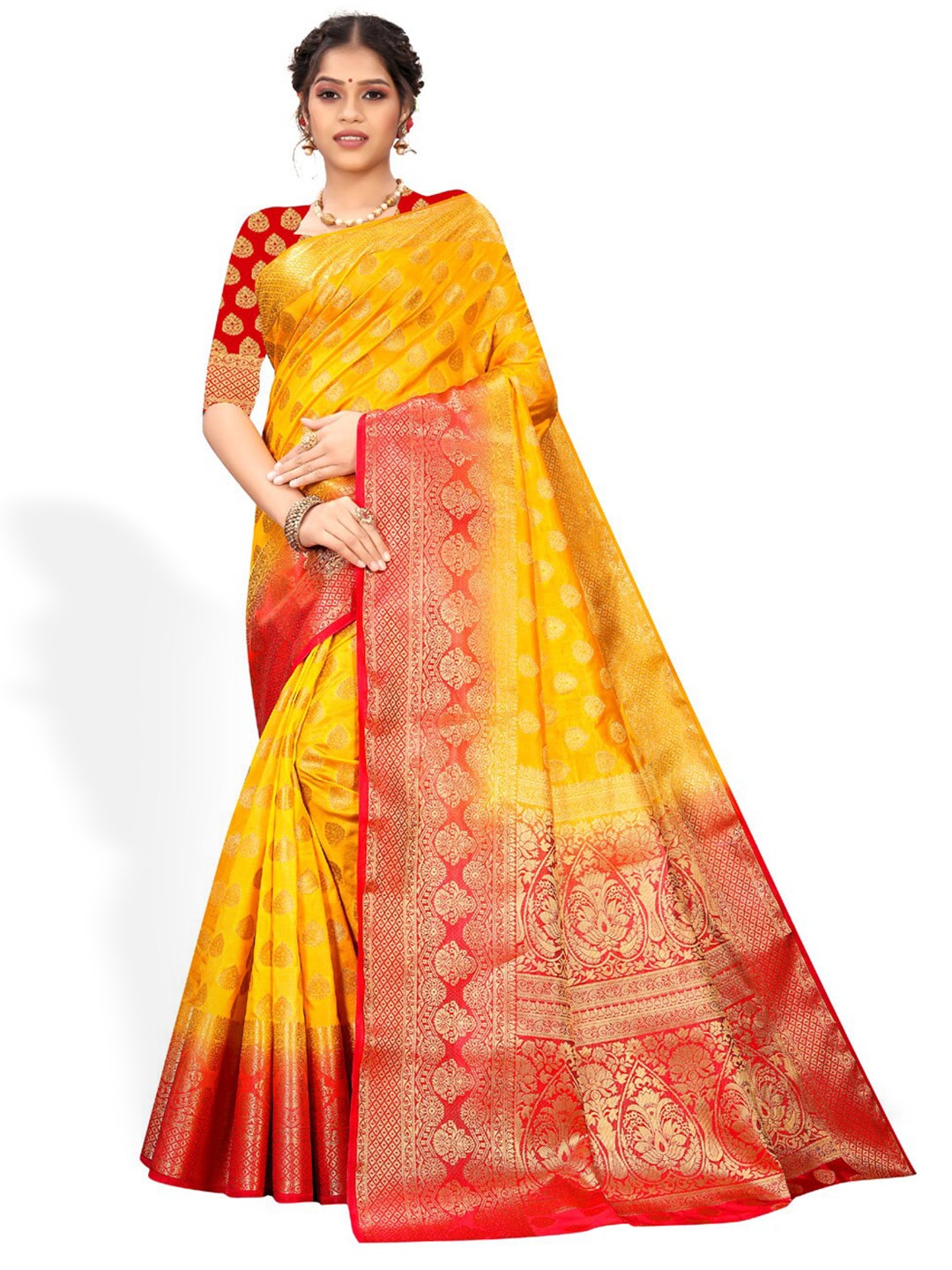 

ZEEPKART Ethnic Motifs Woven Design Zari Kanjeevaram Saree, Gold