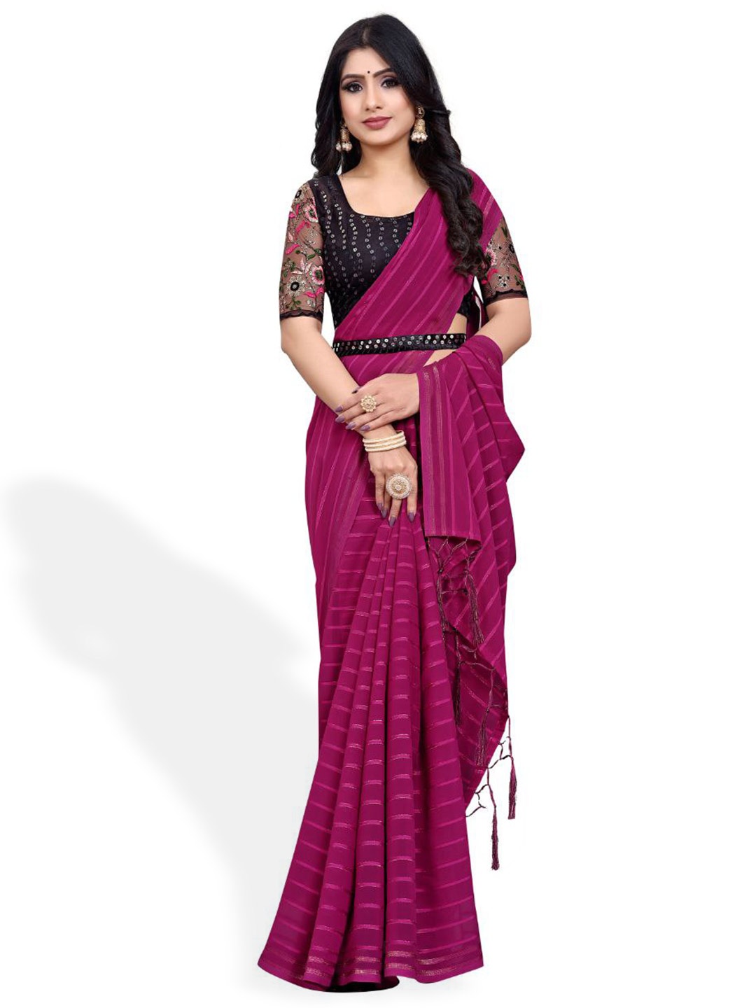 

ZEEPKART Striped Kanjeevaram Saree, Pink