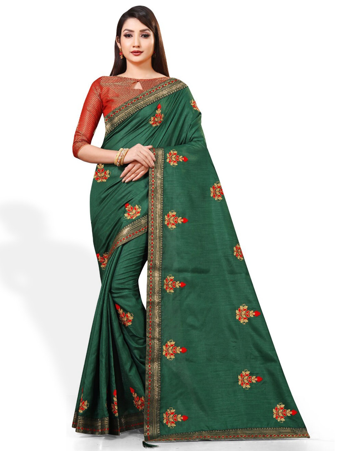 

ZEEPKART Floral Embroidered Saree, Green