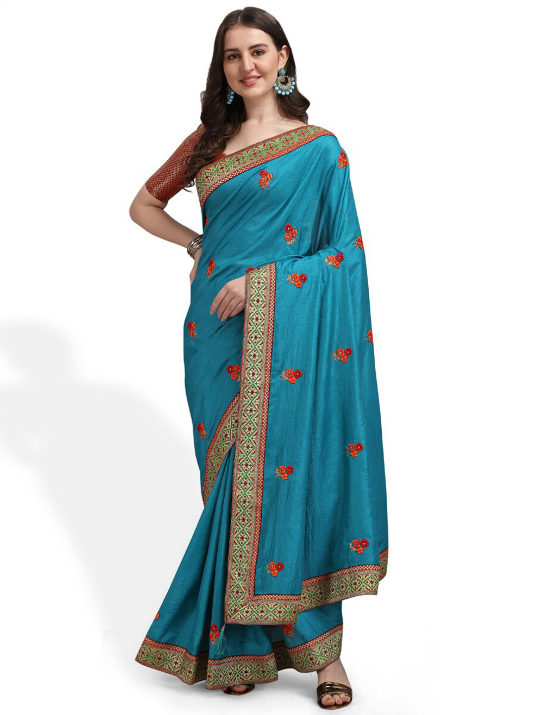 

ZEEPKART Floral Embroidered Saree, Blue