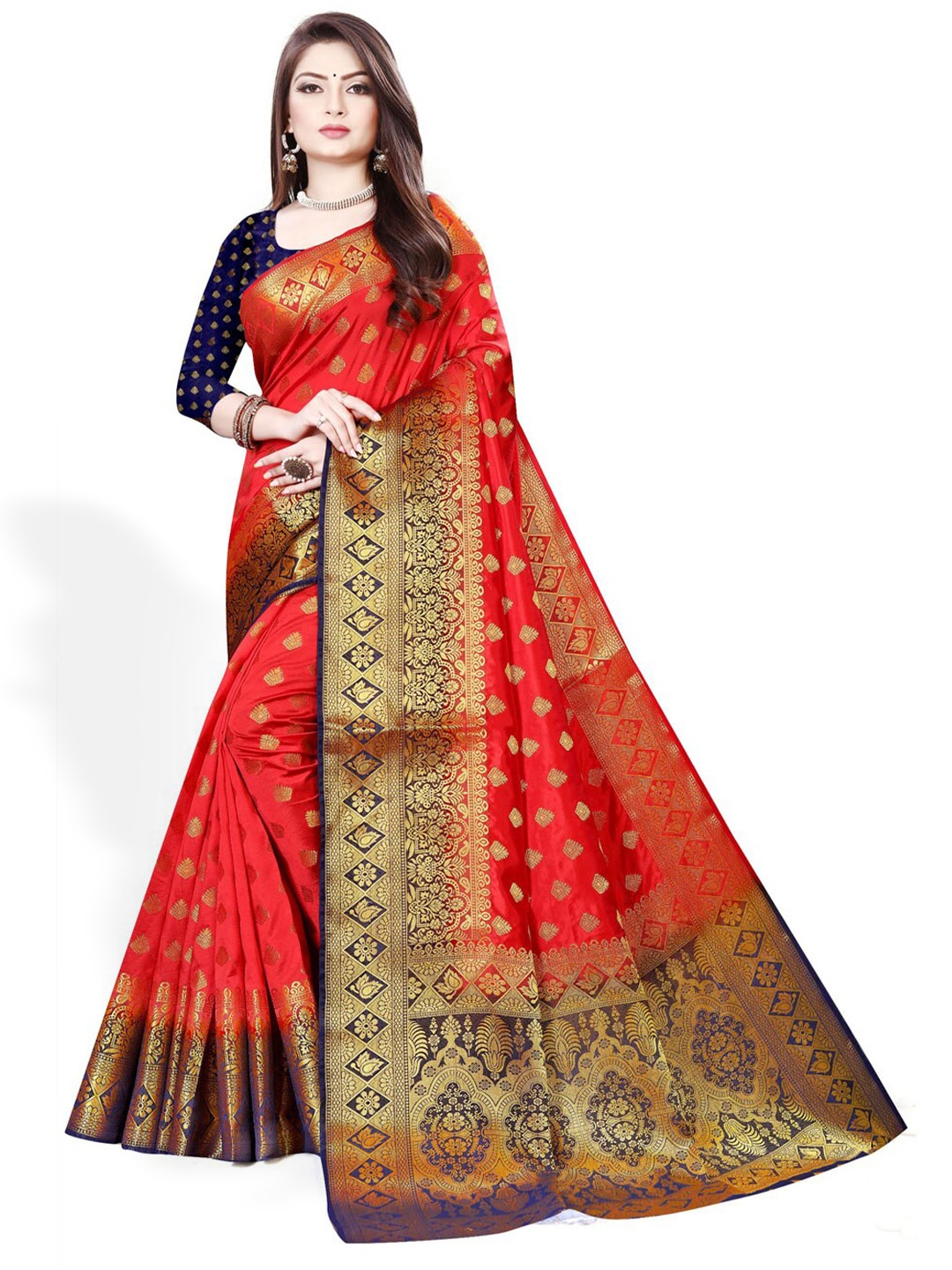 

ZEEPKART Ethnic Motifs Woven Design Zari Kanjeevaram Saree, Red