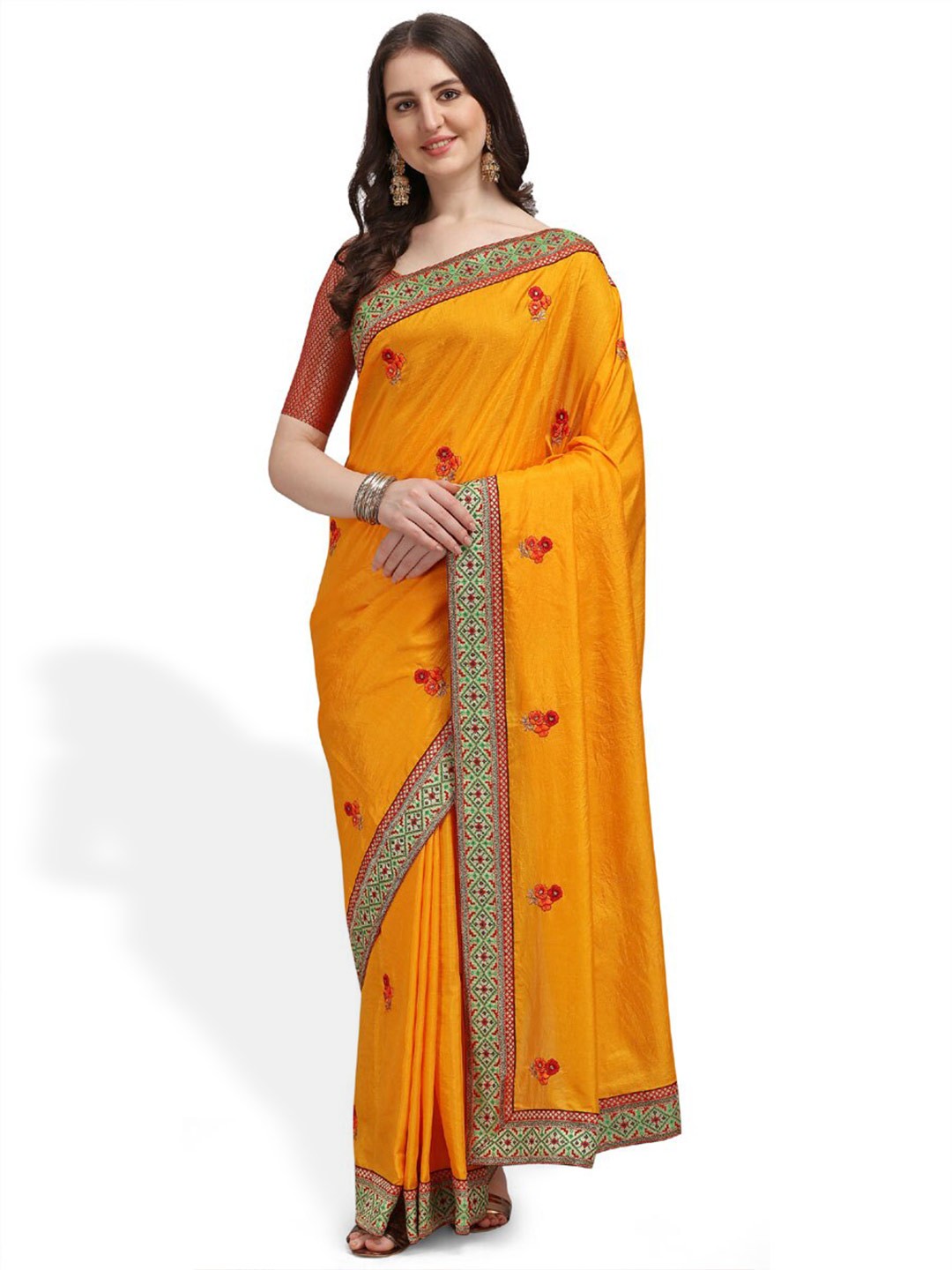 

ZEEPKART Woven Design Floral Motifs Embroidered Saree, Yellow