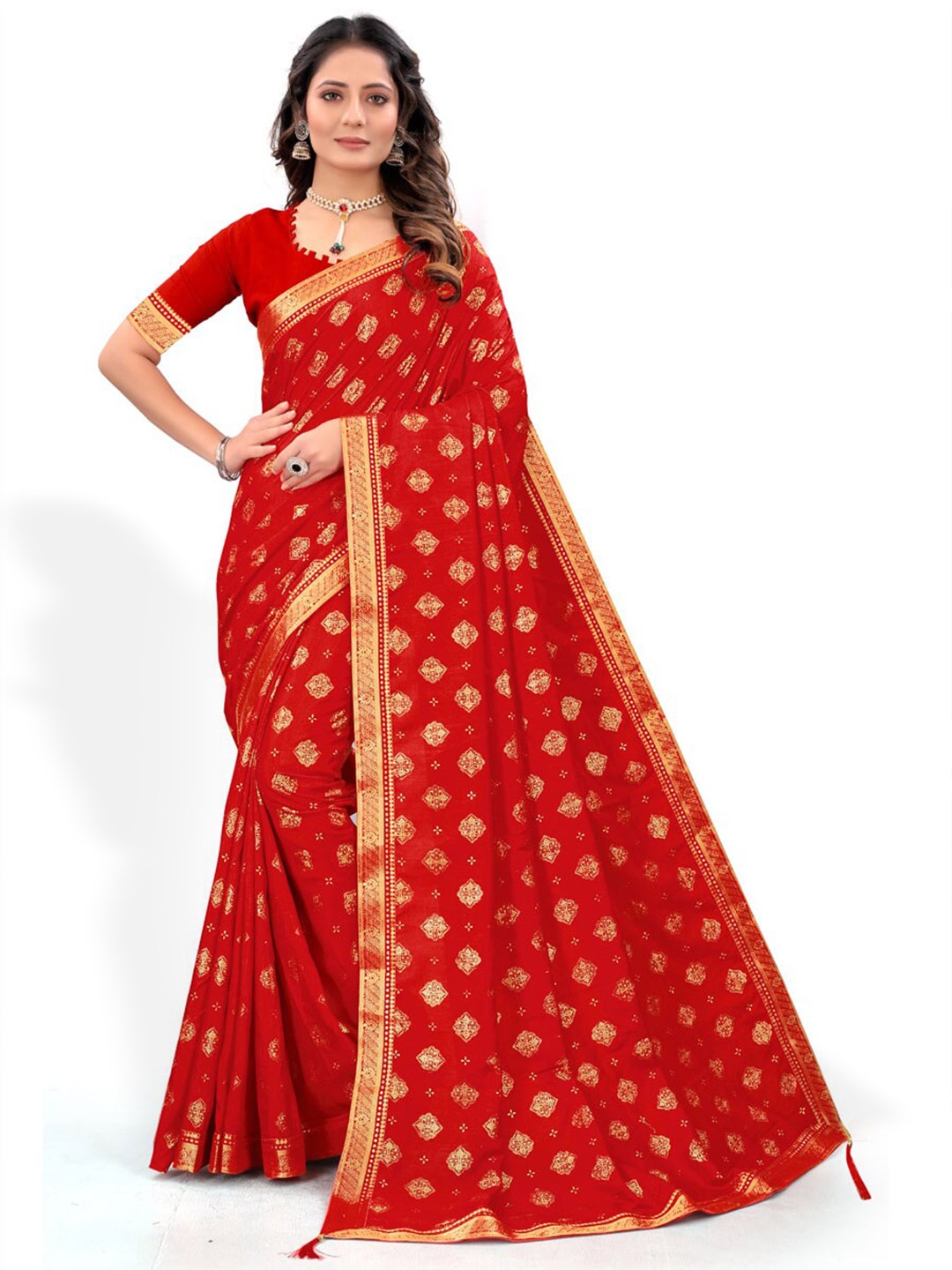 

ZEEPKART Ethnic Motif Woven Design Zari Kanjeevaram Saree, Red