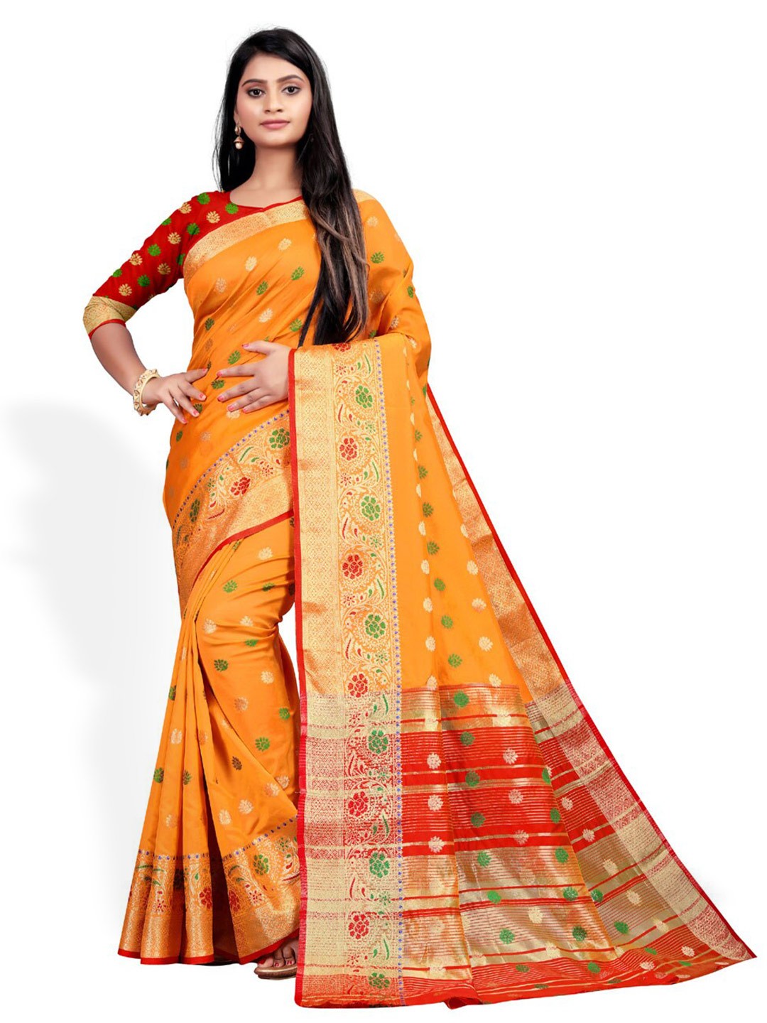 

ZEEPKART Ethnic Motifs Woven Design Zari Kanjeevaram Saree, Yellow